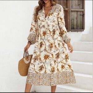 NEW R.Vivimos Long Sleeve Floral Print V Neck Tassel Bohemian Midi Dress 16/18
